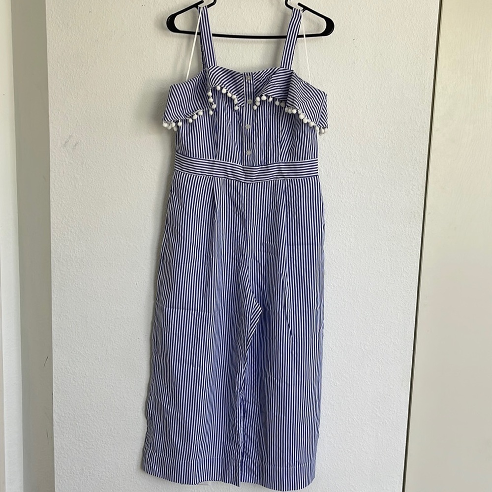 Overall blue and white stripe. Size medium by violet weekend brand.
